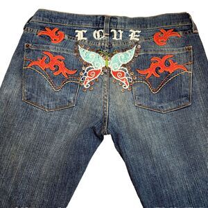 Vntg. People For Peace Butterfly Embroidered Boho Hippie Rocker 32x30 Jeans USA